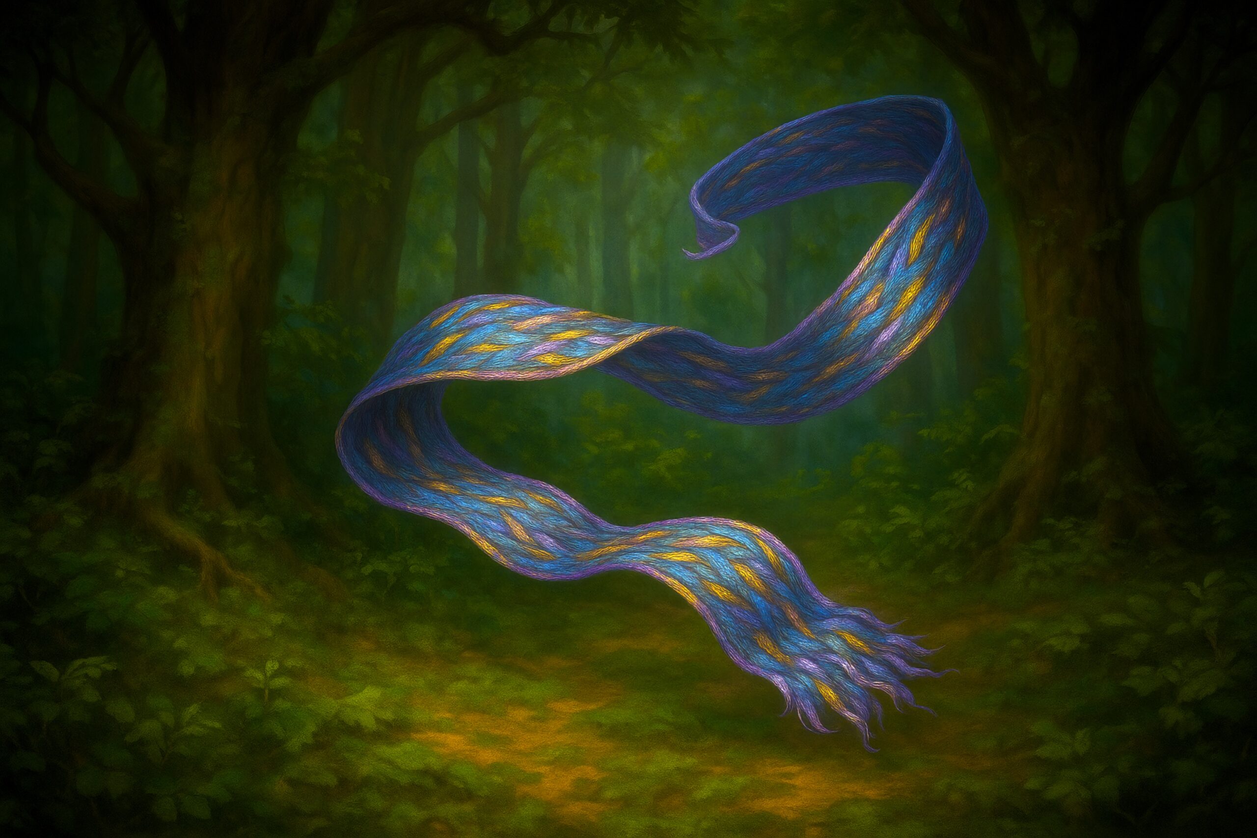 A shimmering sash is woven from threads of pure magic with golden accents.